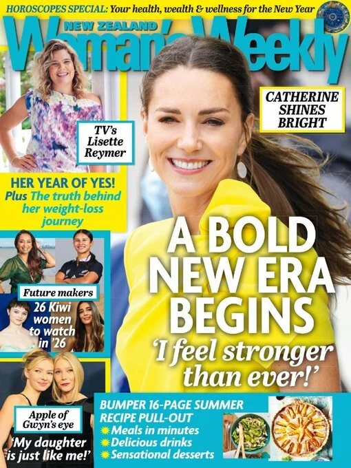 Cover of New Zealand Woman's Weekly magazine featuring a smiling woman in a yellow jacket, with headlines about health, wellness, and entertainment, including TV personality Lisette Reymer and Catherine Shines Bright.