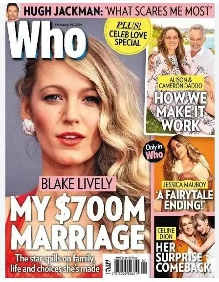 Cover of Who magazine featuring Blake Lively with the headline "My $70M Marriage" and additional stories about celebrity couples and entertainment.