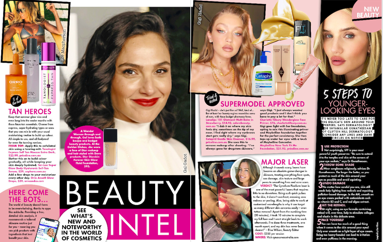 A fashion magazine page featuring beauty tips and celebrity images. It includes headlines about younger-looking eyes and supermodel approval, along with product advertisements and a center photo of a woman with dark wavy hair and red lipstick.