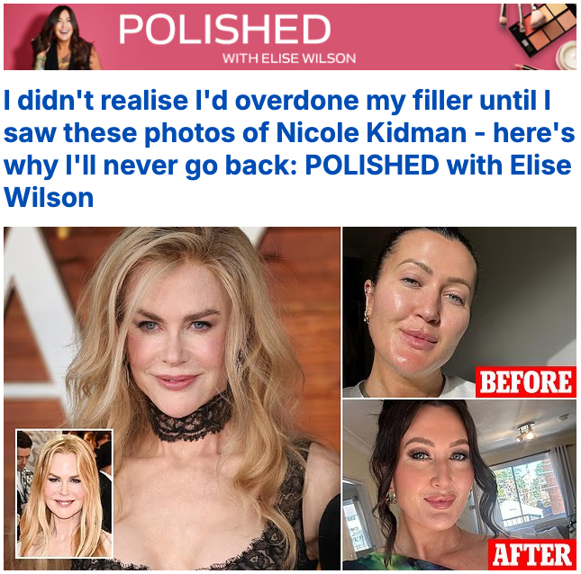 A collage featuring Nicole Kidman before and after makeup, showing her natural face and her styled, polished appearance with makeup.