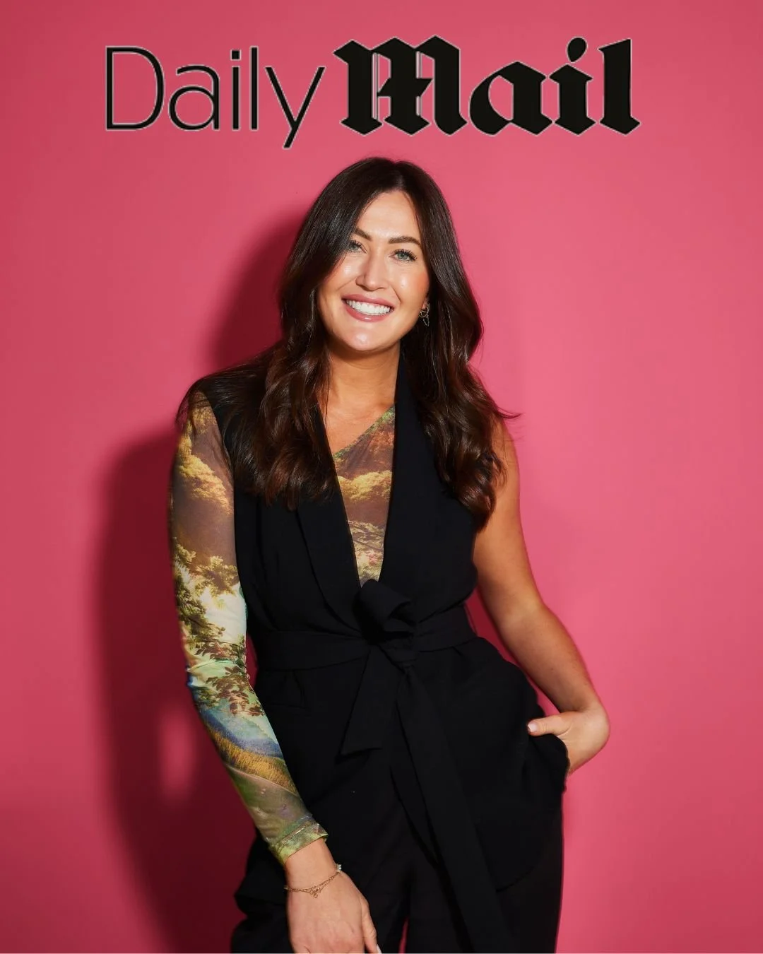 A woman with long brown hair smiling, standing against a pink background with the 'Daily Mail' logo at the top.