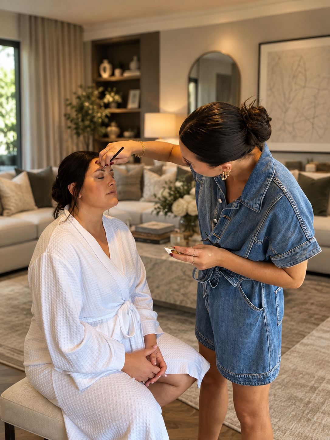 A woman getting her makeup done by a makeup artist in a living room with modern decor and natural light.