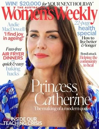 Cover of Women's Weekly magazine featuring Princess Catherine, with headlines about health, aging, baking, and community health.