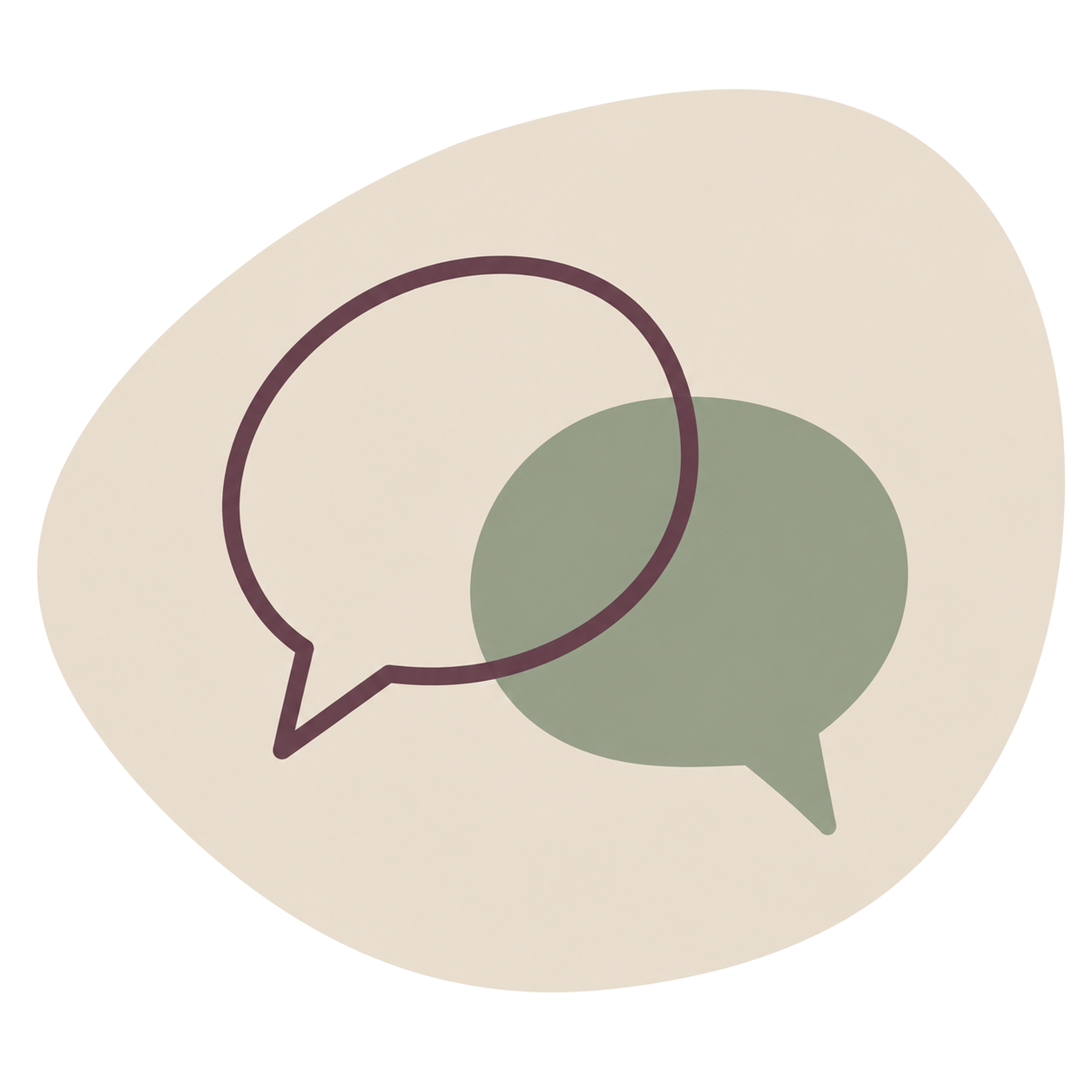 Two overlapping speech bubbles, one outlined and one filled with a solid color, on a light abstract background.