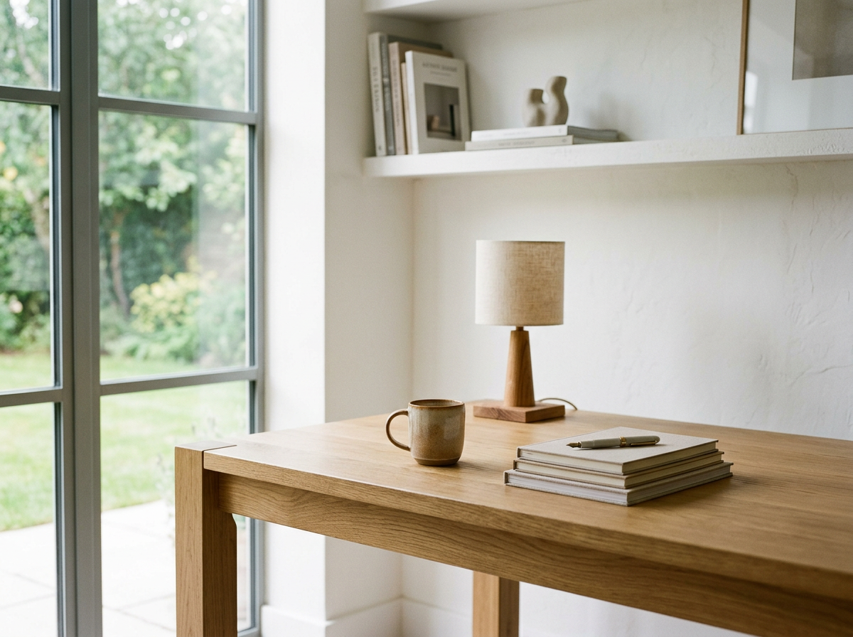 A minimalist wooden desk with a small table lamp, a stack of notebooks, and a pen, positioned next to a window with greenery outside.