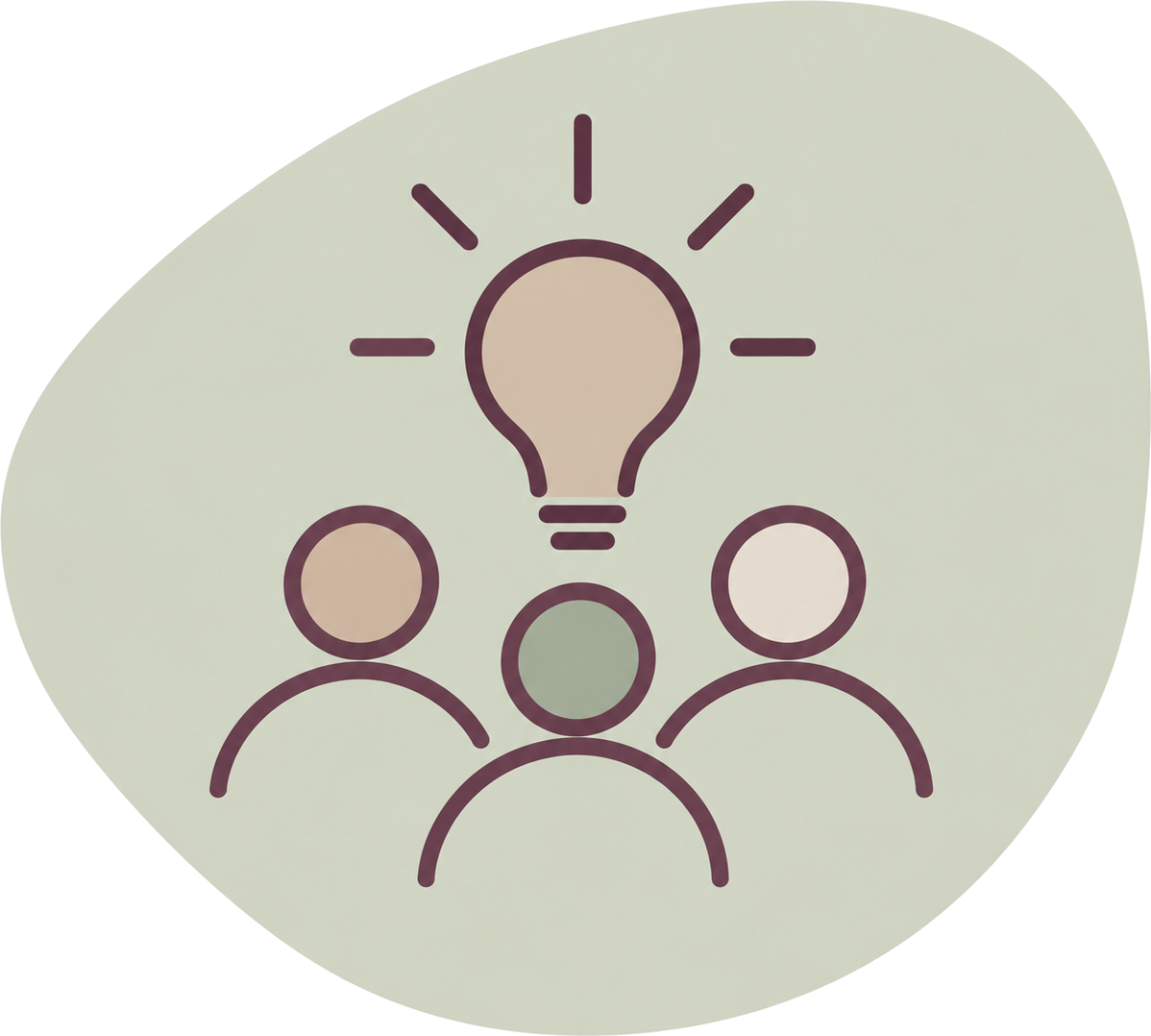 Outline of three people with a large lightbulb above them representing ideas or teamwork.