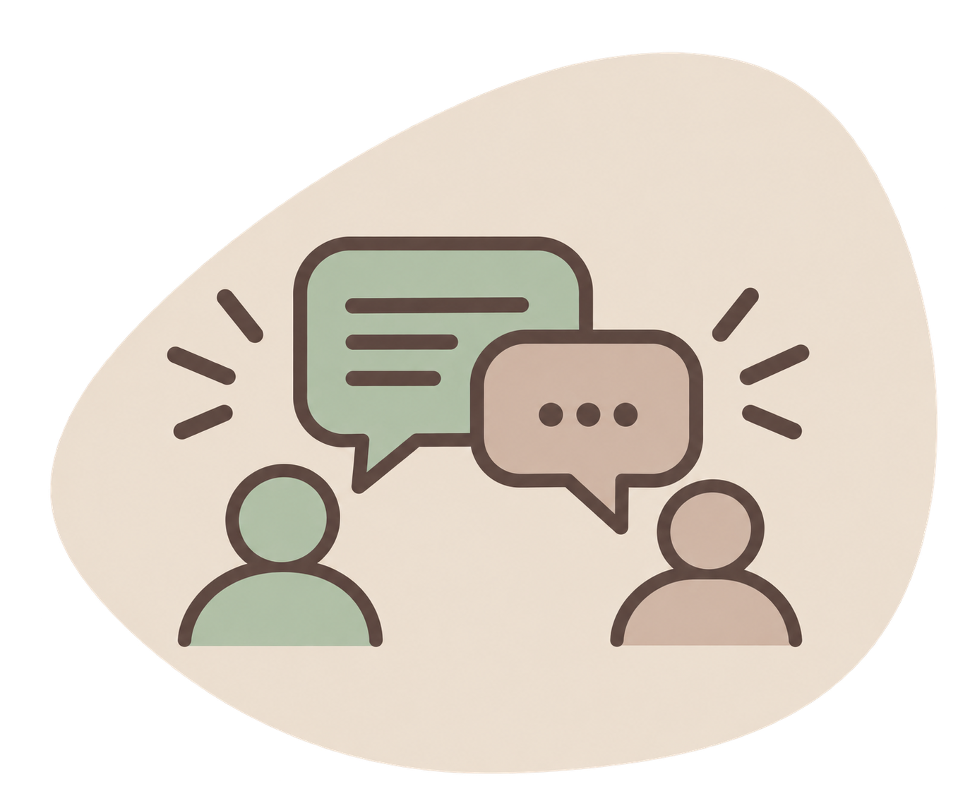 Illustration of two people engaging in a conversation, represented by speech bubbles with lines of text.