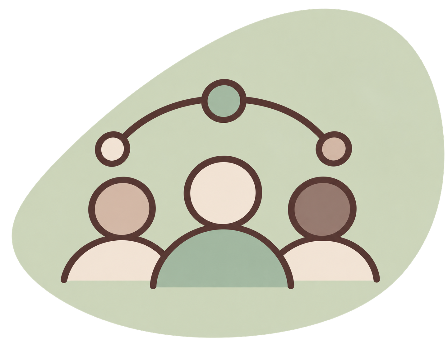 Illustration of three faceless people connected by lines, with a smaller circle above them connected to each person, representing a network or social connection.