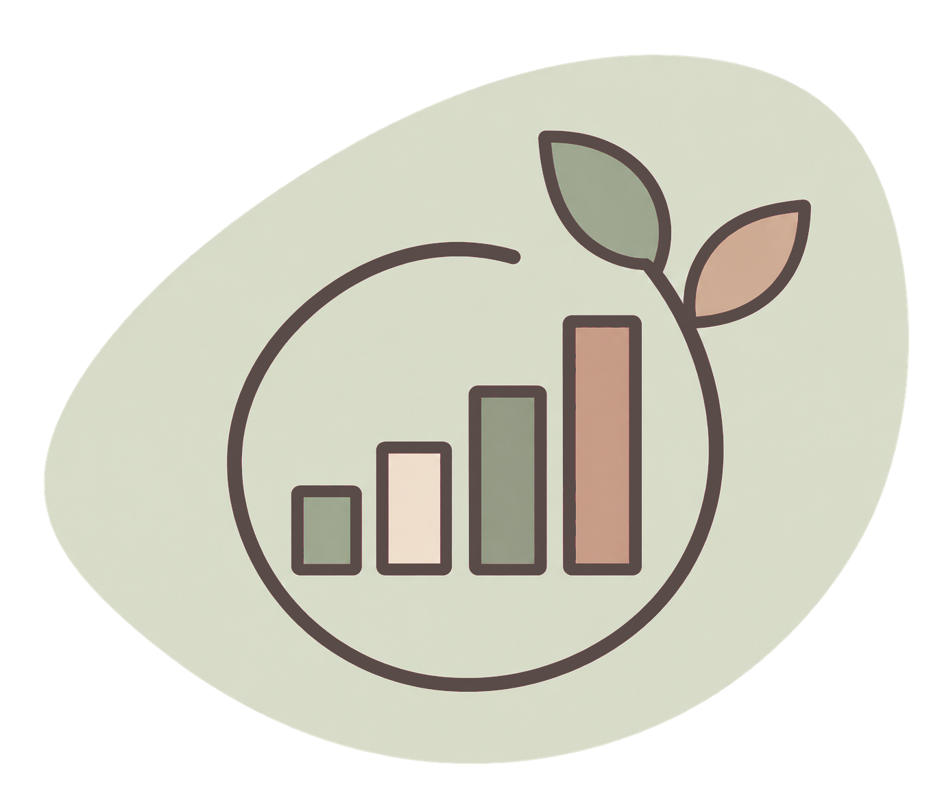 A bar graph with four vertical bars of increasing height, enclosed in a circle with two leaves attached, suggesting growth or sustainability.