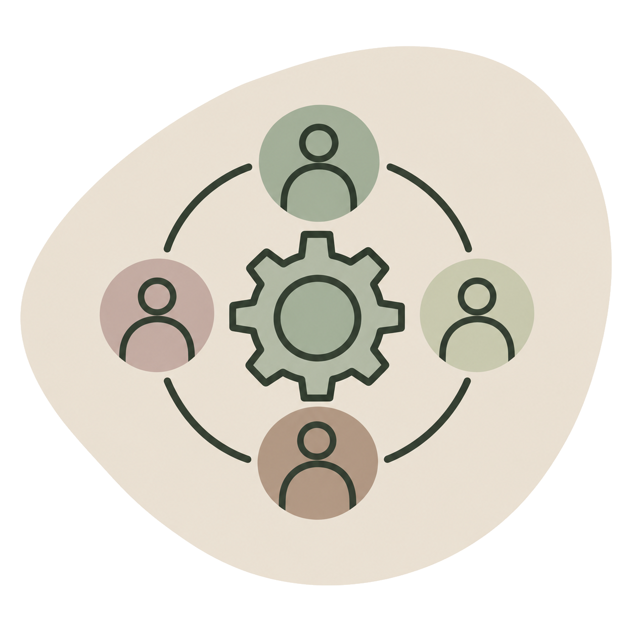 Diagram of a central gear with connected arrows leading to five person icons around it, representing teamwork or process management.
