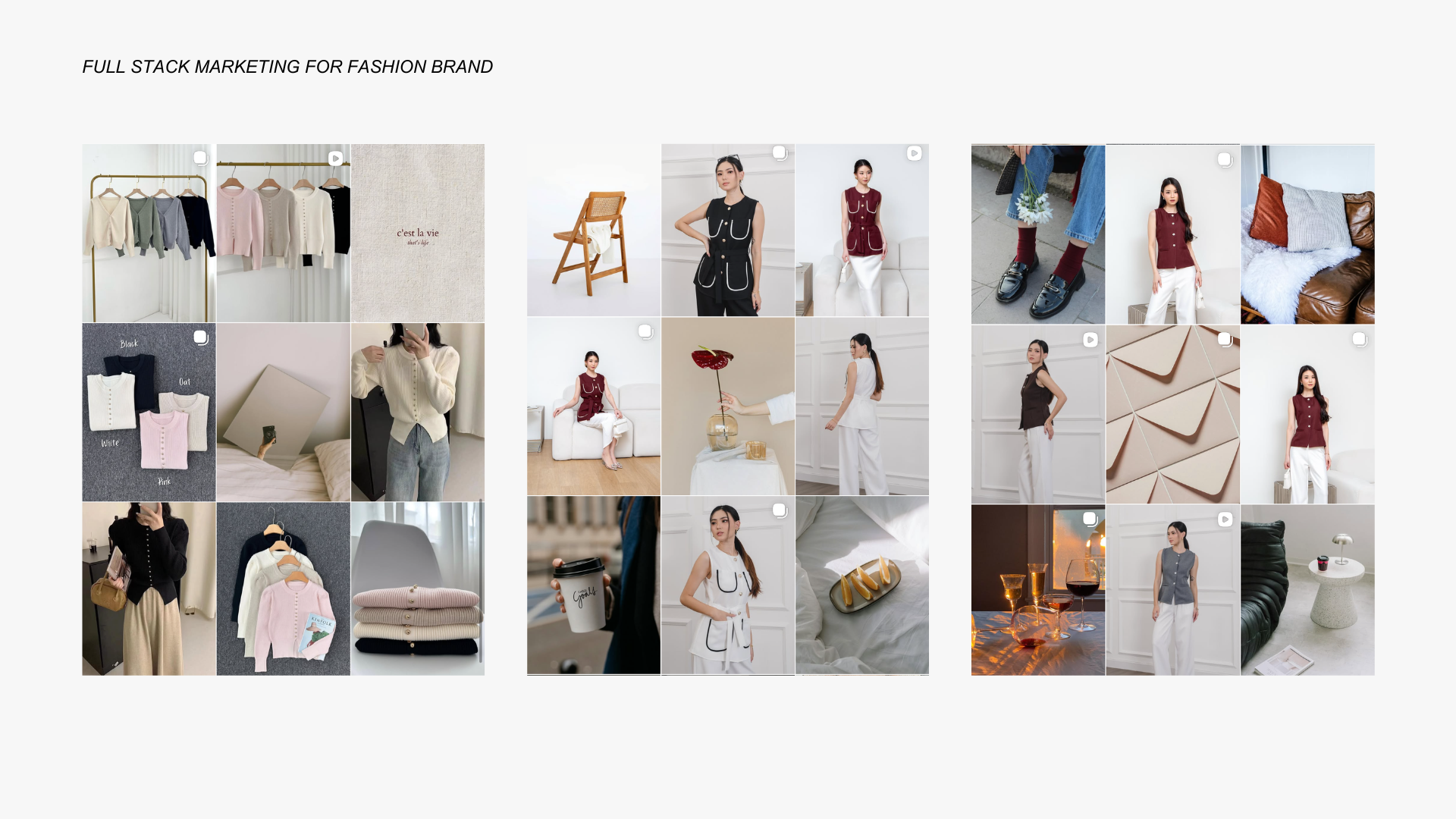 Instagram feed grid for Localle, a fashion brand, showing full stack marketing and content creation for knitwear products