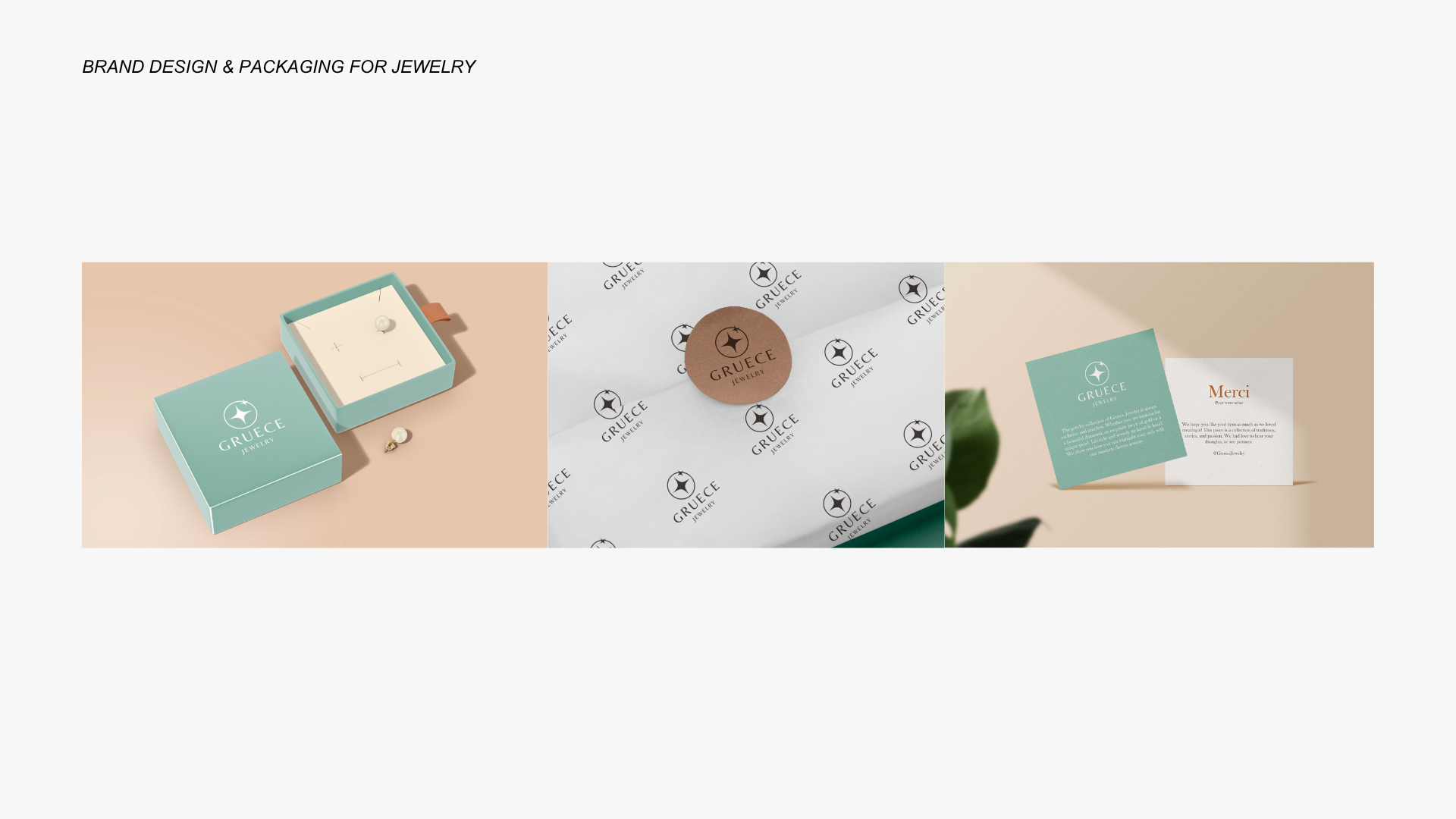 Brand design and packaging mockup for Gruece Jewelry, including box, wrapping paper, and thank you card design