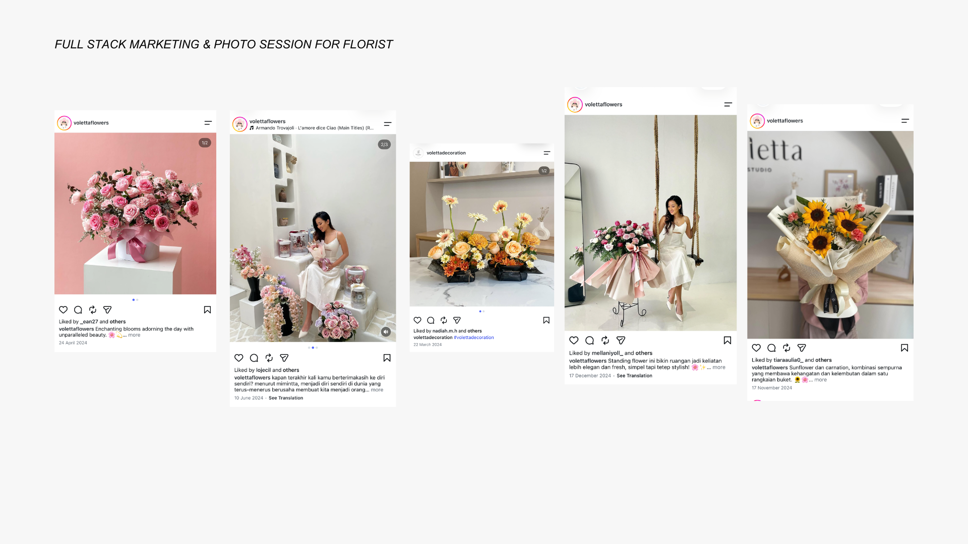 Instagram posts for Voletta Flowers showing full stack marketing and product photography for a florist brand