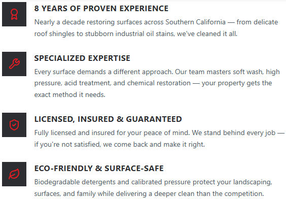 Text-based advertisement highlighting 8 years of experience, specialized expertise, licensing, insurance, Guaranteed services, and eco-friendly cleaning solutions.