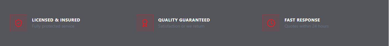 Icons with text highlighting licensed and insured, quality guaranteed, and fast response