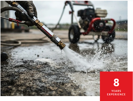 A worker using a pressure washer to clean the ground, with a red machine in the background at an outdoor work site.
