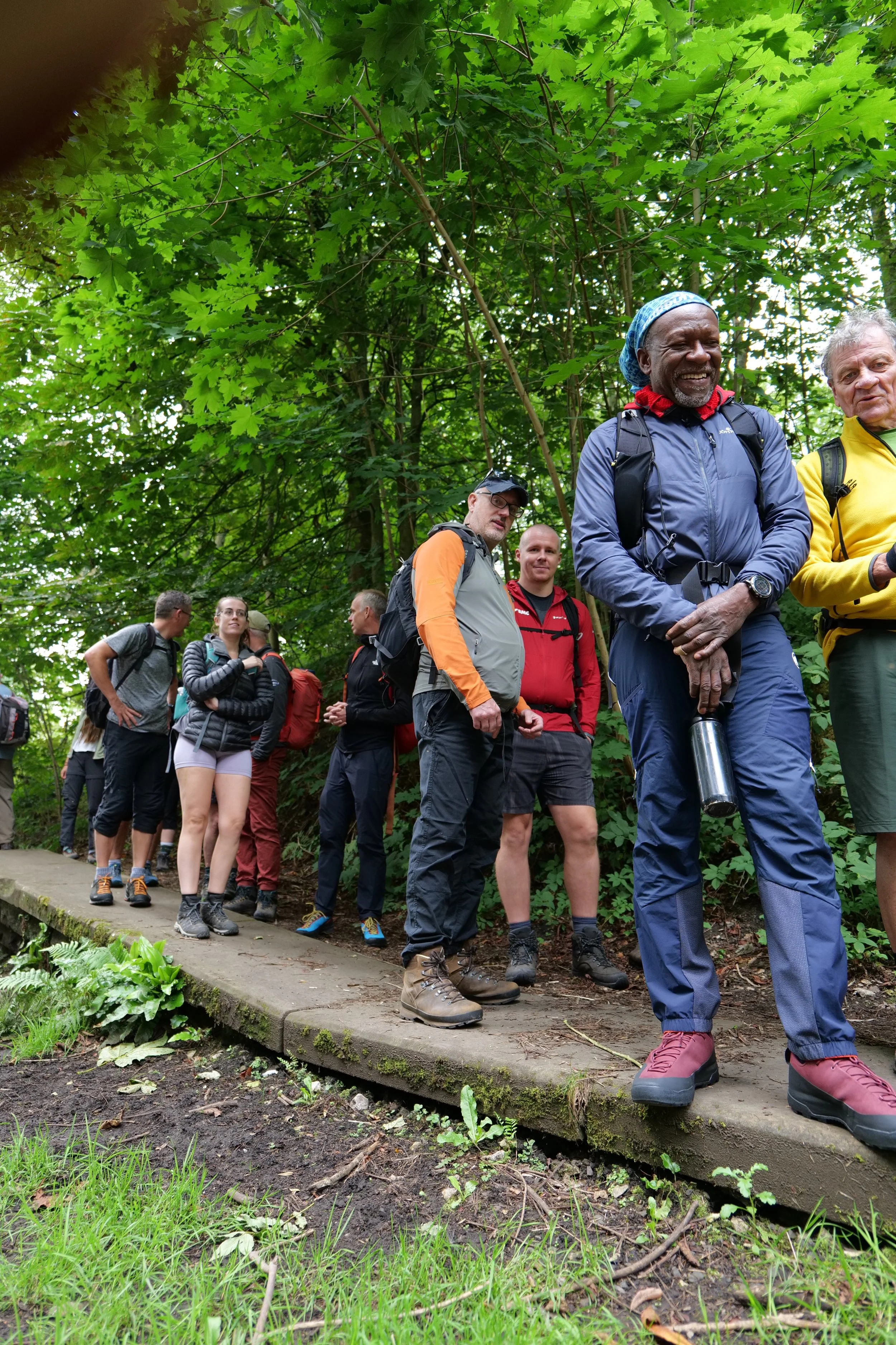 A group of diverse hikers standing in a line on a forest trail, smiling and talking in a lush green environment.