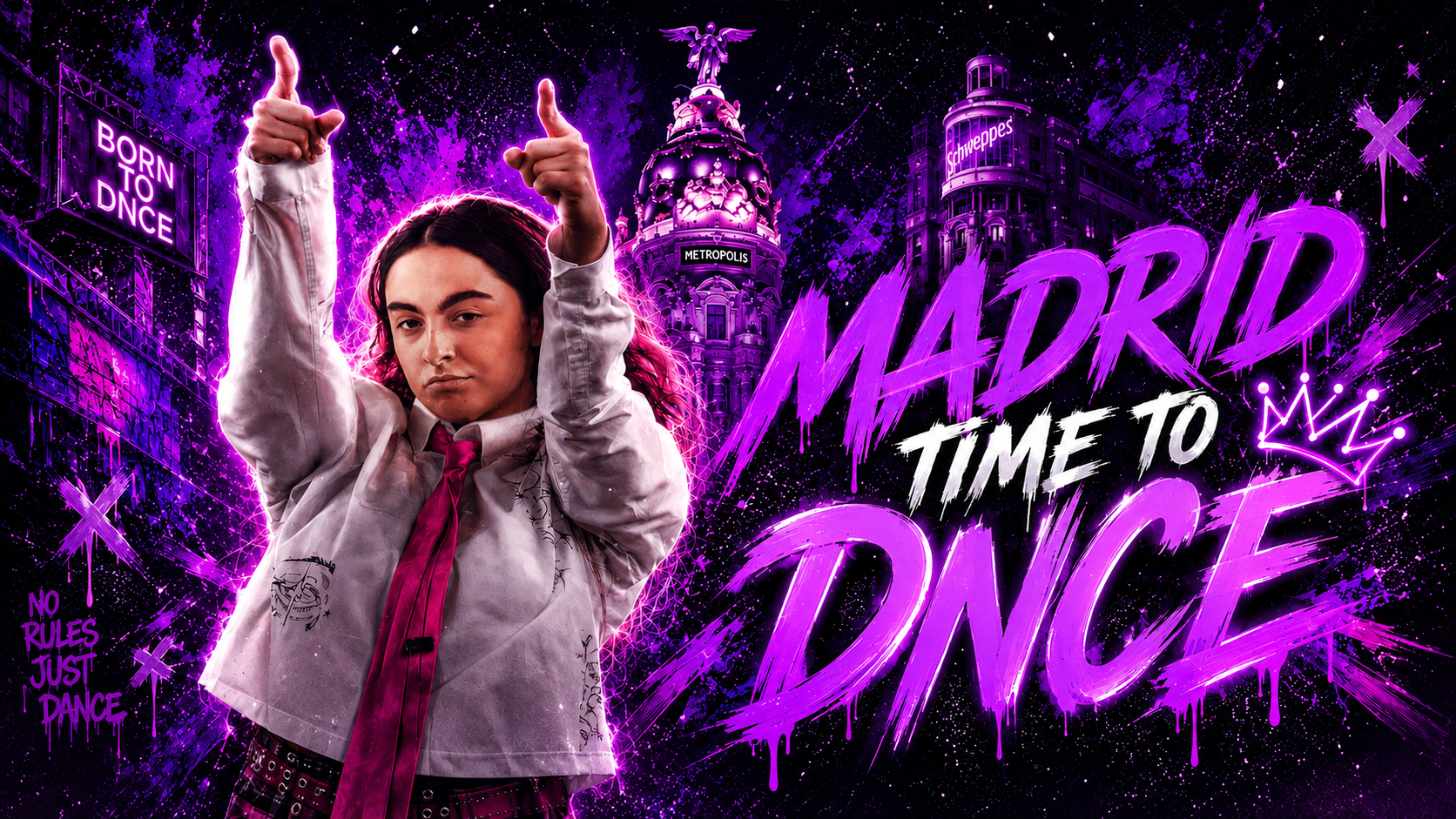 Una joven con ropa de estilo urbano lucha de baile en un fondo neon de Madrid con edificios emblemáticos, el texto 'Madrid, time to dance', y decoraciones de estilo graffiti y frases como 'No rules, just dance'.