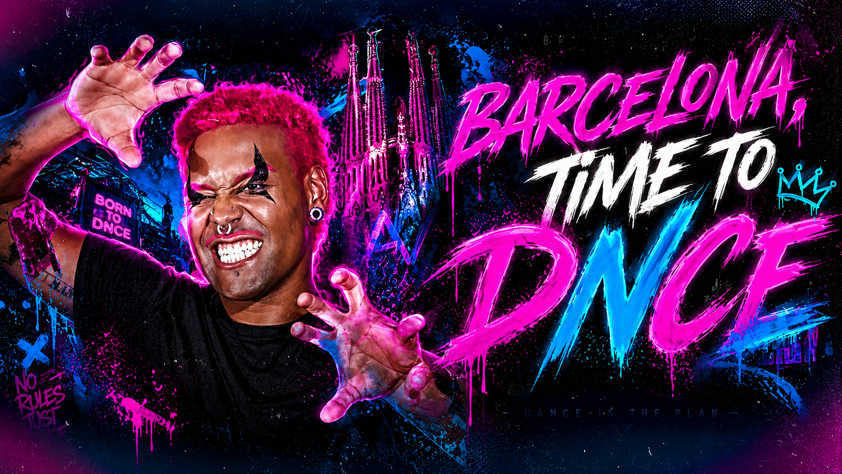 Imagen vibrante con un hombre con cabello rosado, maquillaje y piercings, en un estilo urbano y neón, rodeado de graffiti y luces de la ciudad, con la torre de la Sagrada Familia de Barcelona al fondo y texto en colores neón que dice 'Barcelona, Time to Dance'.