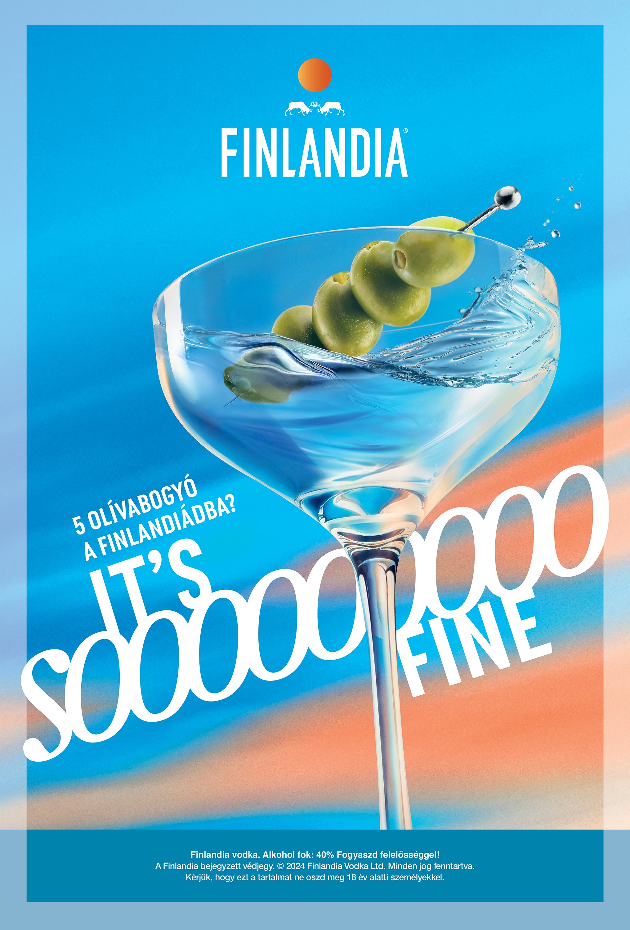 A promotional poster for Finlandia vodka featuring a martini glass with green olives on a skewer, with some olives falling into the glass, set against a blue background. The text includes the brand name Finlandia, a question about olives, and alcohol