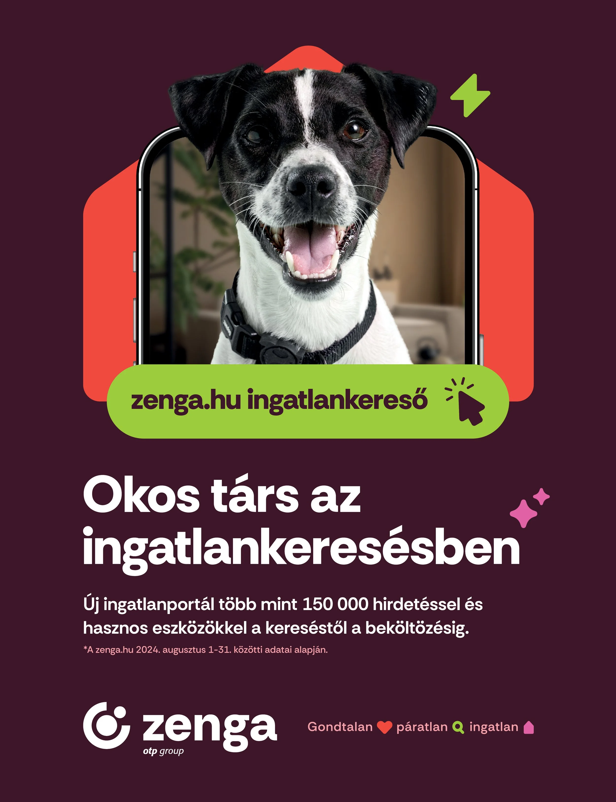 A promotional image for zenga.hu real estate search platform, featuring a black and white dog emerging from a smartphone screen, with text in Hungarian advertising the platform and its features.