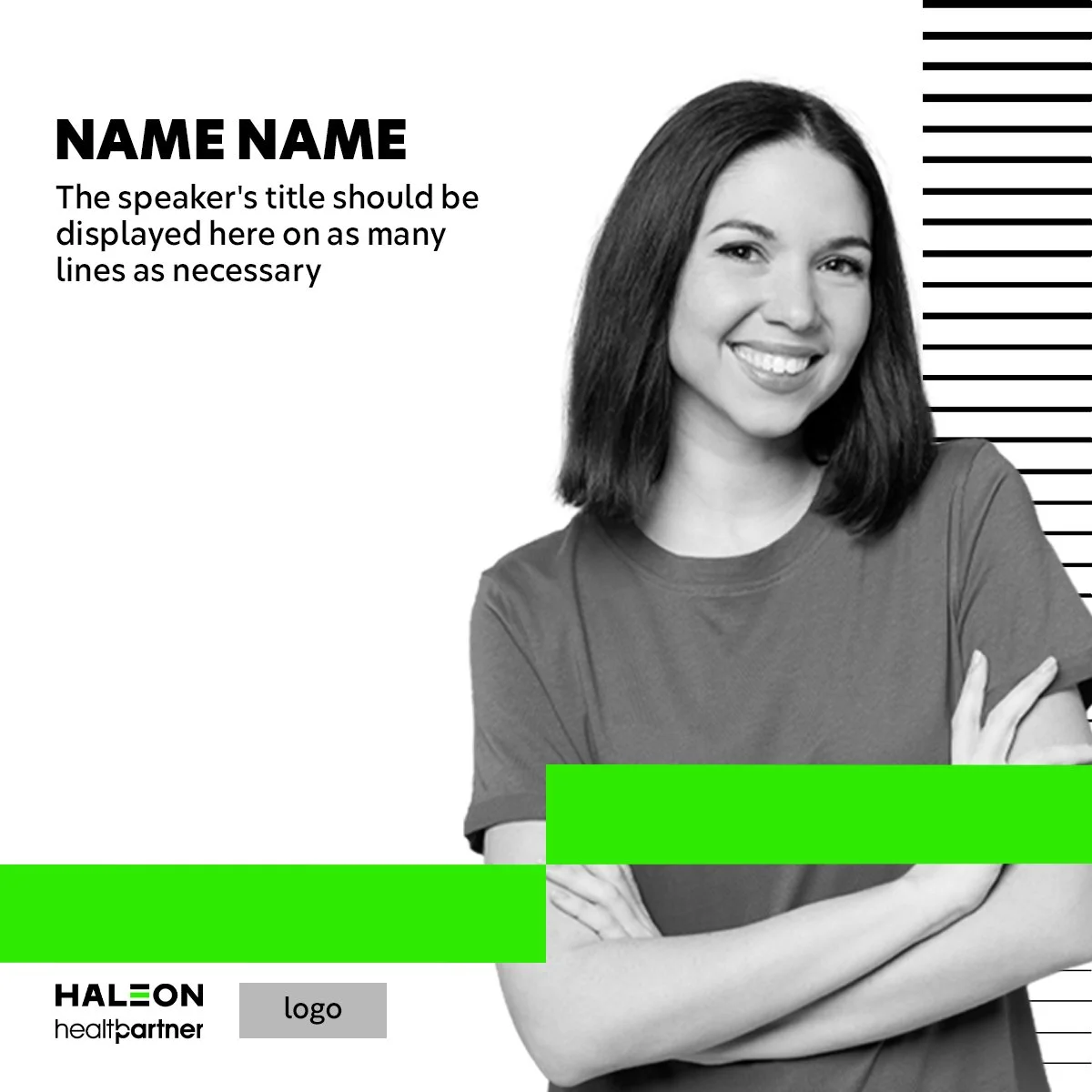 A black and white portrait of a smiling young woman with shoulder-length dark hair, wearing a casual T-shirt. The background features a partial horizontal black line pattern on the right side, and there are green bars across the bottom. The left side