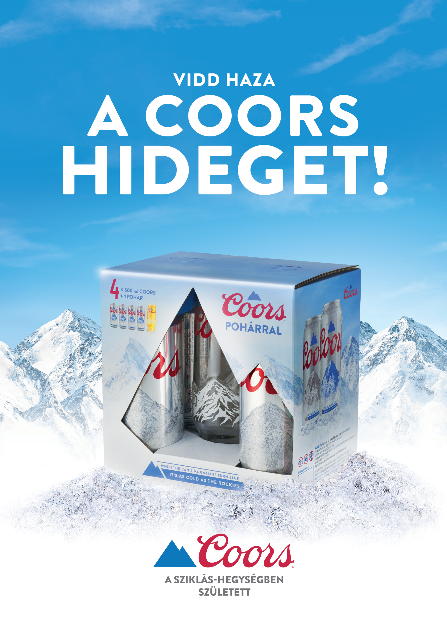 A box of Coors beer with a mountain range background and surrounding snow, featuring mountains in the distance and a tagline about the Rockies.