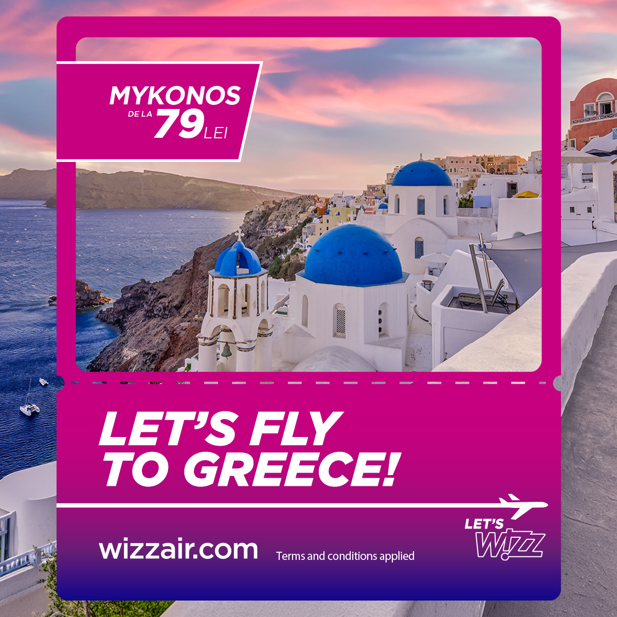 A scenic view of Santorini, Greece with white buildings and blue domes overlooking the Aegean Sea during sunset.