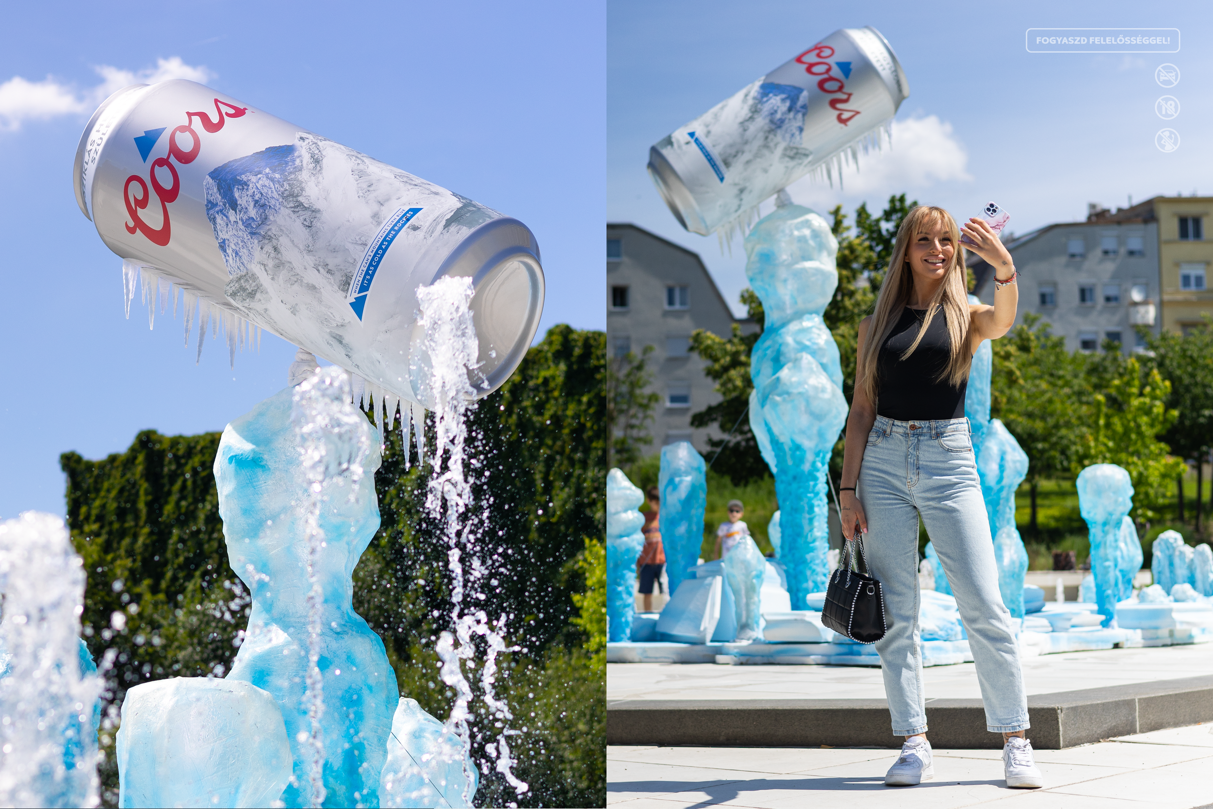A young woman with long blonde hair taking a selfie with her phone in front of an ice sculpture and snow and ice decorations in an outdoor park on a sunny day.