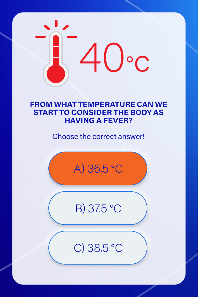 A quiz screen asking at what temperature the body is considered to have a fever, with the current temperature of 40°C displayed at the top. The options are A) 36.5°C, B) 37.5°C, and C) 38.5°C, with option A highlighted in orange.