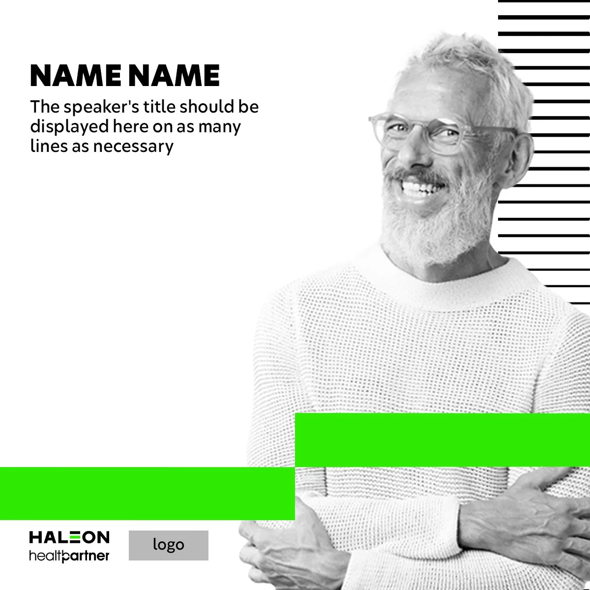 Black and white promotional template featuring a smiling elderly man with glasses and a beard, wearing a light-colored sweater. The layout includes placeholder text for the name and title, with a green horizontal line across the lower section, and a 