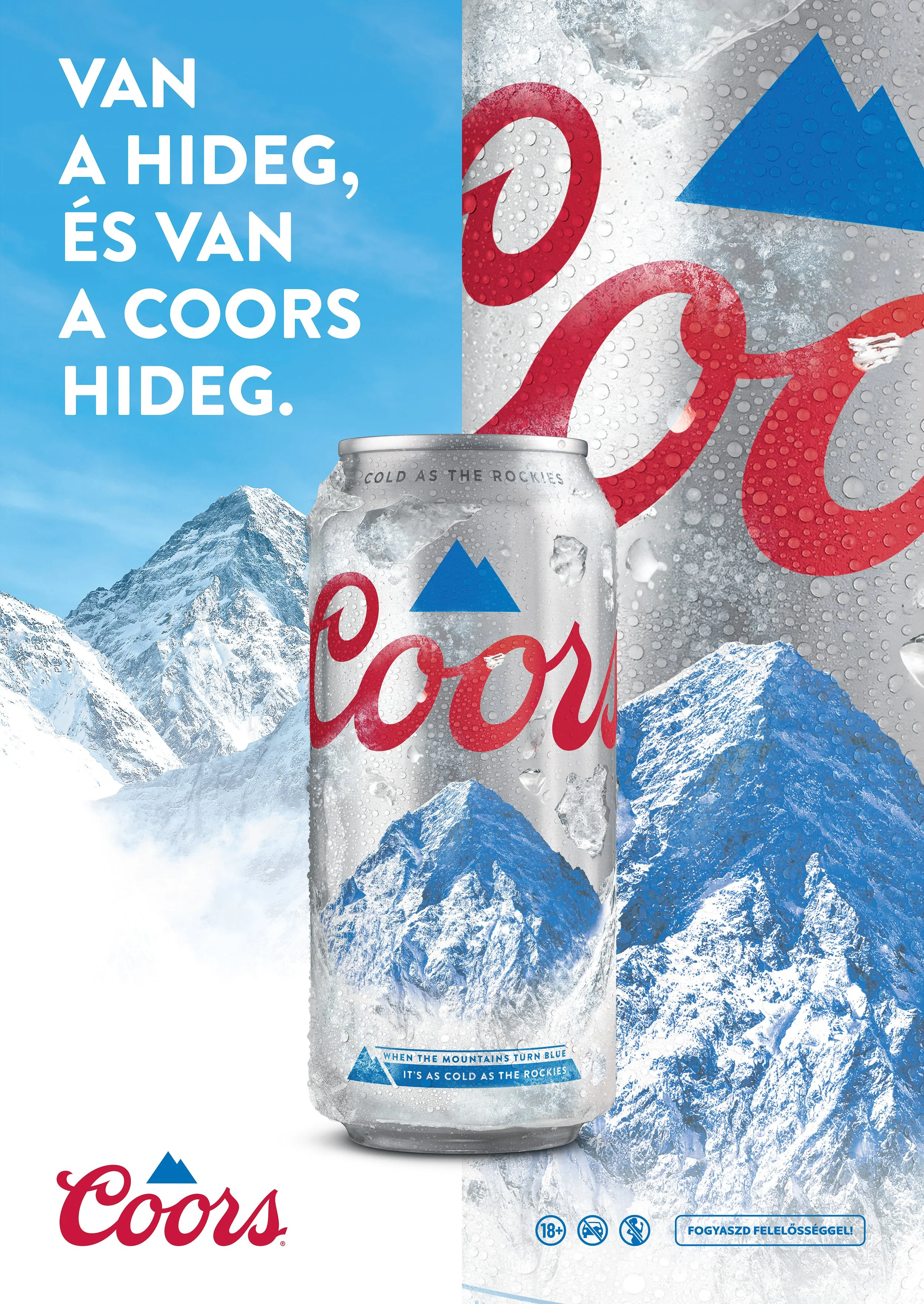 Coors beer can with snow and mountain background, featuring blue and red graphics and text. The can appears icy and cold, emphasizing the mountain theme and freshness.