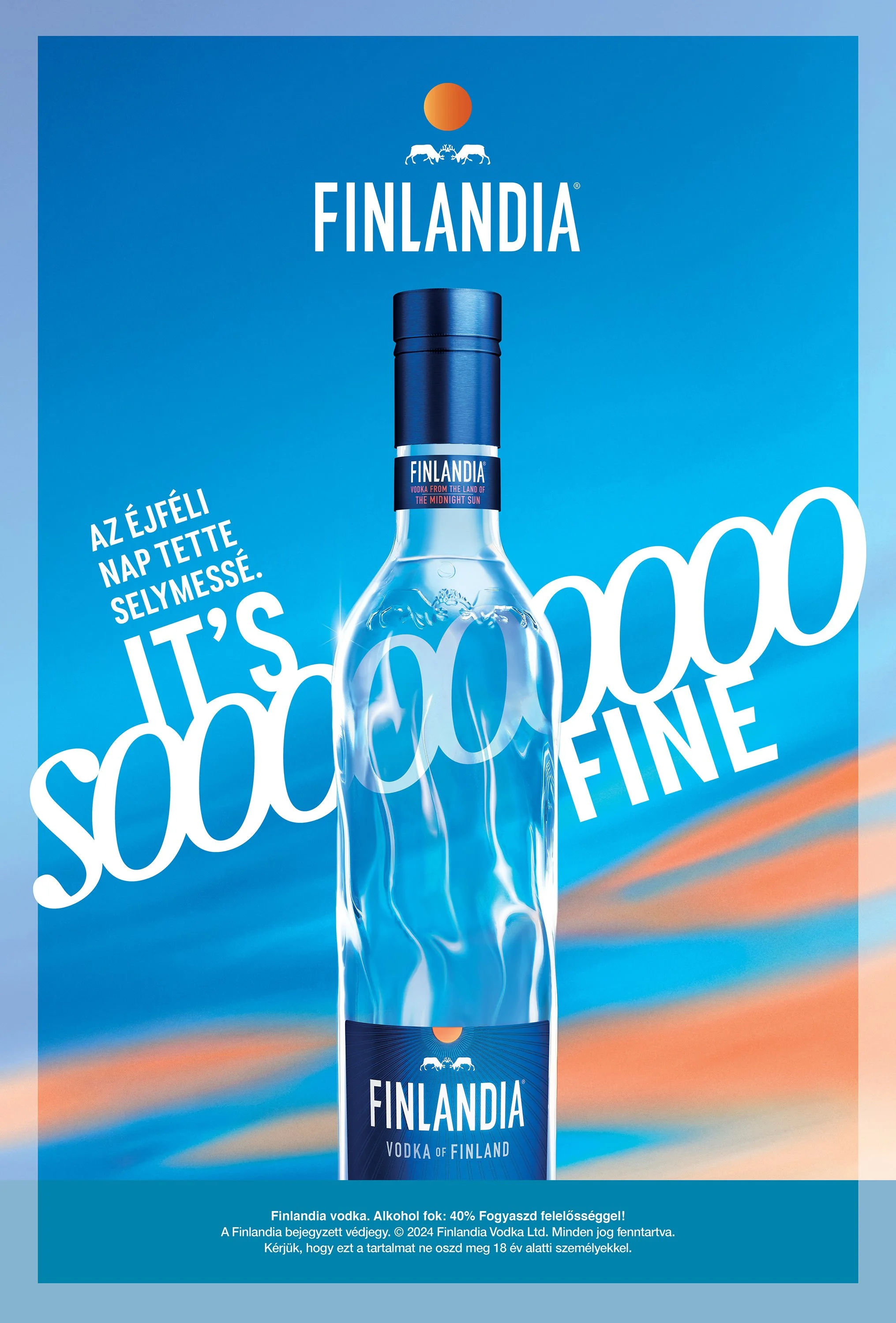 Advertisement for Finlandia vodka featuring a large image of a clear vodka bottle with a blue cap and label that says 'Finlandia Vodka of Finland.' The background is blue with a gradient orange and blue streak at the bottom. The text in Hungarian on 