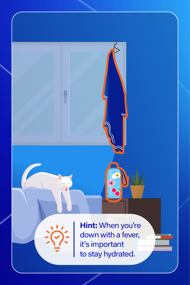 A digital illustration of a cozy bedroom scene at night featuring a white cat stretching on a bed, a window with a closed blind, a hanging blue and orange towel, a water bottle with a floral design, a potted plant, and a stack of books. A text bubble