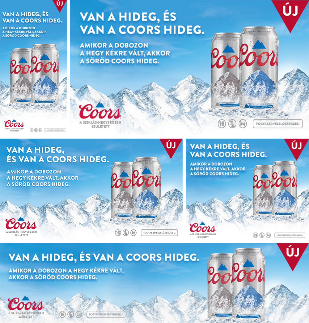 Multiple copies of a Coors beer advertisement banner with snowy mountain background, featuring two beer cans, text in Hungarian, and the Coors logo.