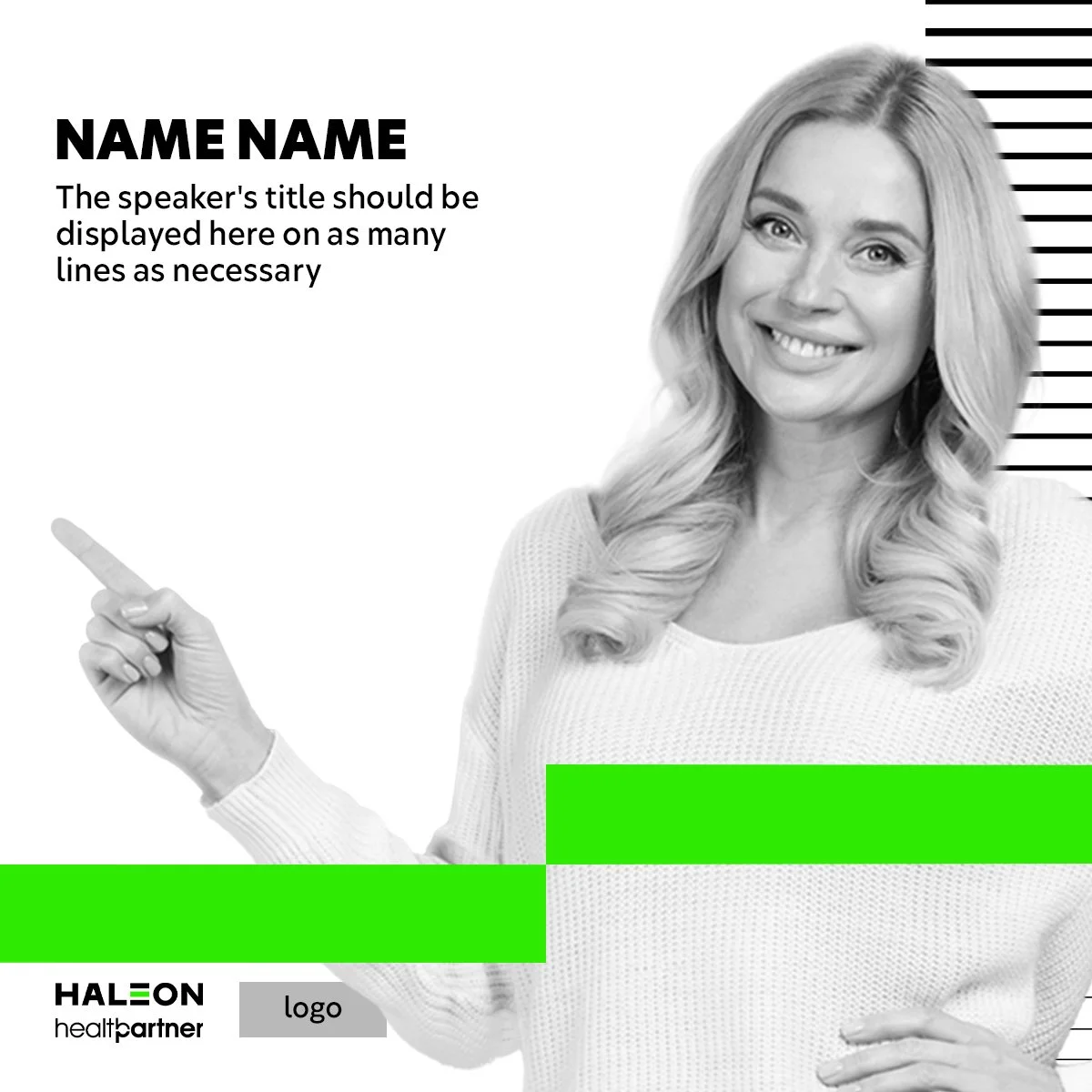 A woman smiling and pointing to the left with her right hand, wearing a light-colored sweater. The design includes black text on the left, a green bar across the middle, and black and white logo text at the bottom left. The background is mostly white