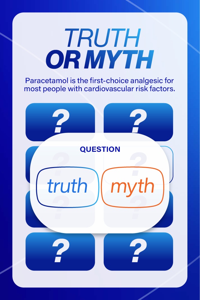 Infographic with the title "Truth or Myth" discussing paracetamol as a first-choice analgesic for cardiovascular risk factors, featuring a question about the truth or myth of this statement.