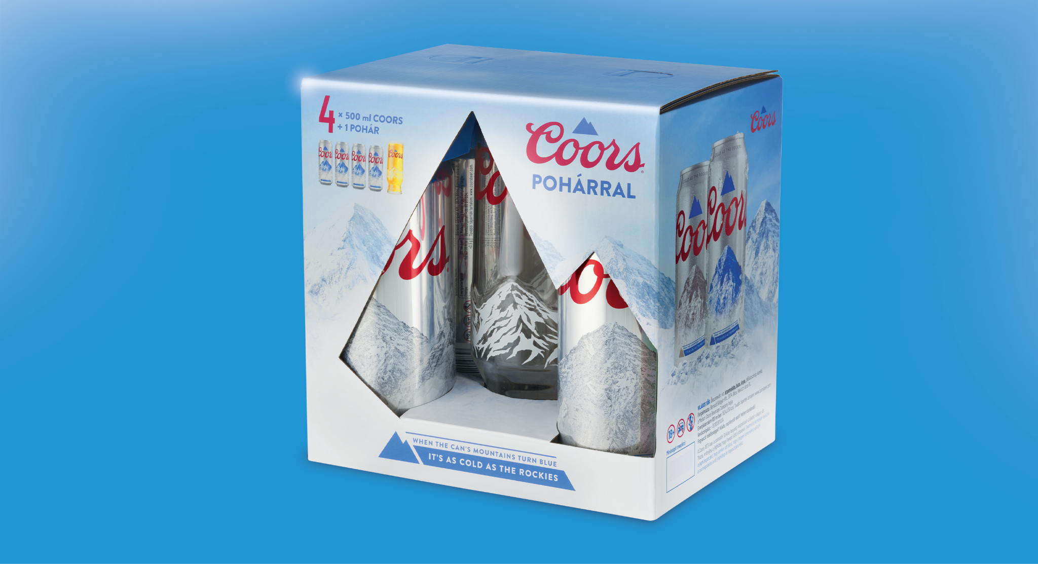A pack of Coors beer bottles with mountain imagery and a snow-capped peak design, inside a blue and white box.
