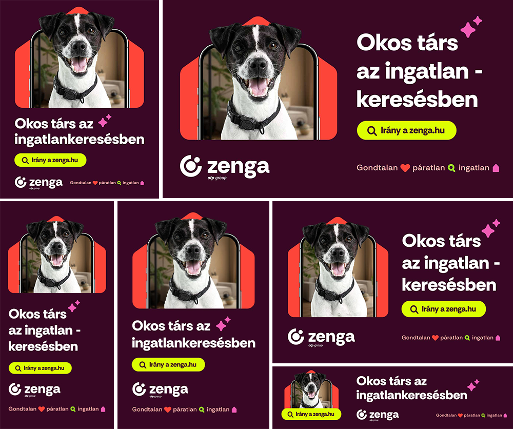 Digital collage of real estate ads featuring a black and white dog with an open mouth, showing teeth, with a black collar, appearing on a smartphone screen. The ads include titles in Hungarian, Zenga logo, and colorful design elements.