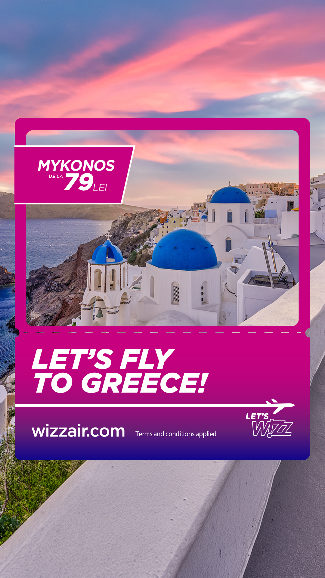 Promotional advertisement featuring a scenic view of Santorini, Greece with white buildings and blue domes at sunset, promoting cheap flights to Greece from Mykonos for $79 by Wizz Air.