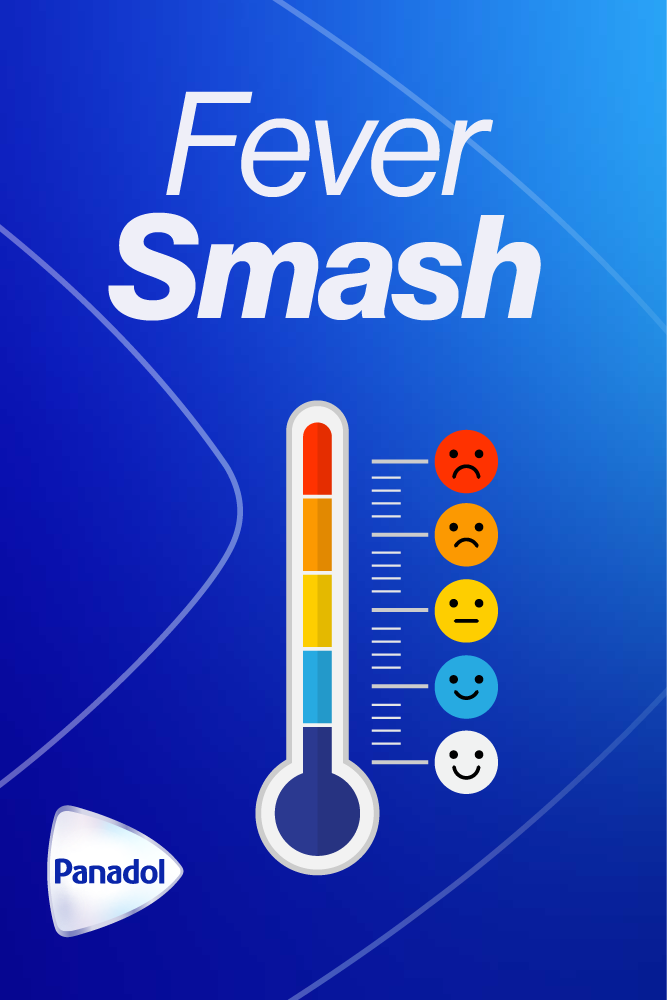 A thermometer with a fever level indicator, ranging from happy white face at low to angry red face at high, on a blue background with the words "Fever Smash" and the Panadol logo.