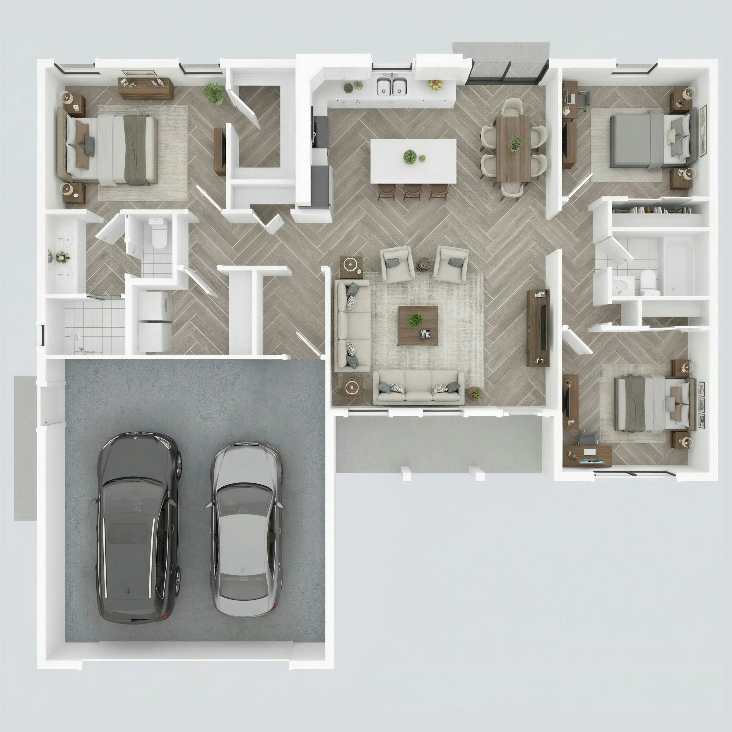 Top-down view of a modern apartment with a garage containing three cars, living room with sofas, dining area with a table and chairs, kitchen with white cabinets and appliances, two bedrooms with beds and nightstands, two bathrooms, and outdoor area with patio and plants.