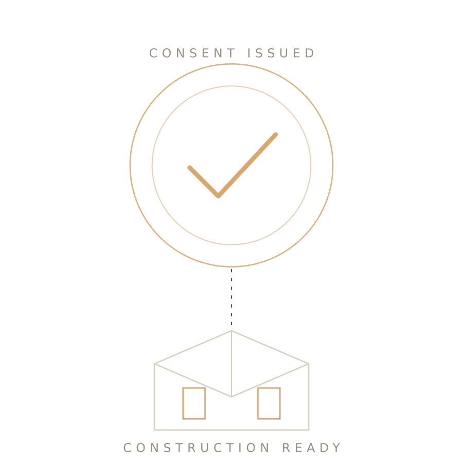 A graphic showing a check mark inside a circle indicating consent issued, with a dotted line pointing to a 3D wireframe house labeled 'Construction Ready' at the bottom.