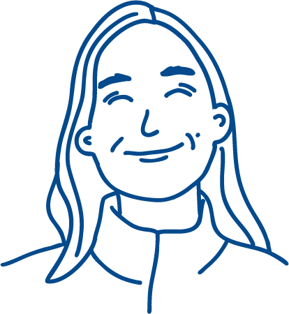 Dessin linéaire d'une femme souriante avec des cheveux longs, portant un haut à col montant.