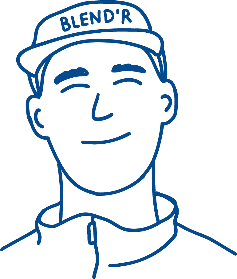 Dessin d'un homme souriant portant une casquette avec l'inscription 'BLEND'R'