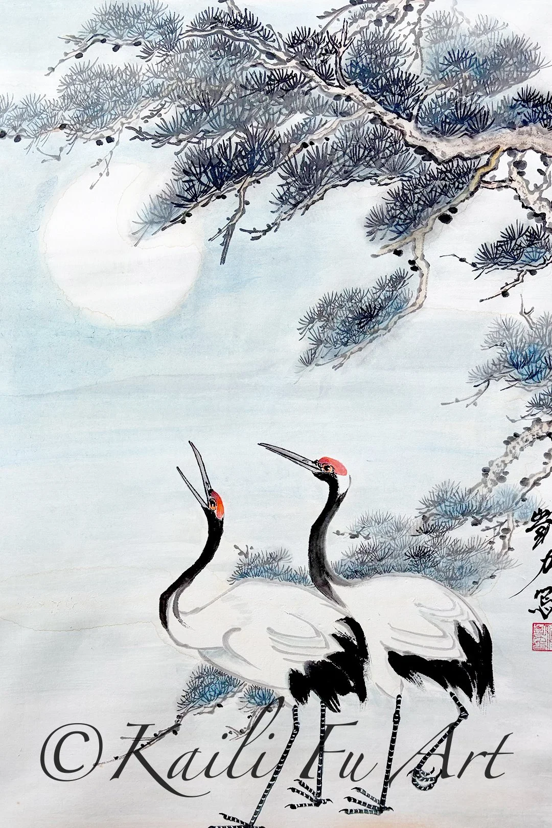 Cranes under the pine tree and moon