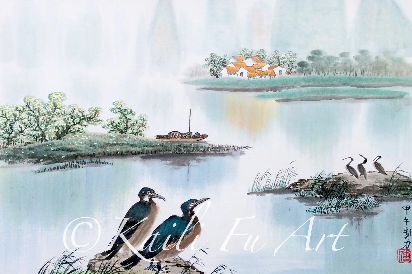 Cormorant birds on river