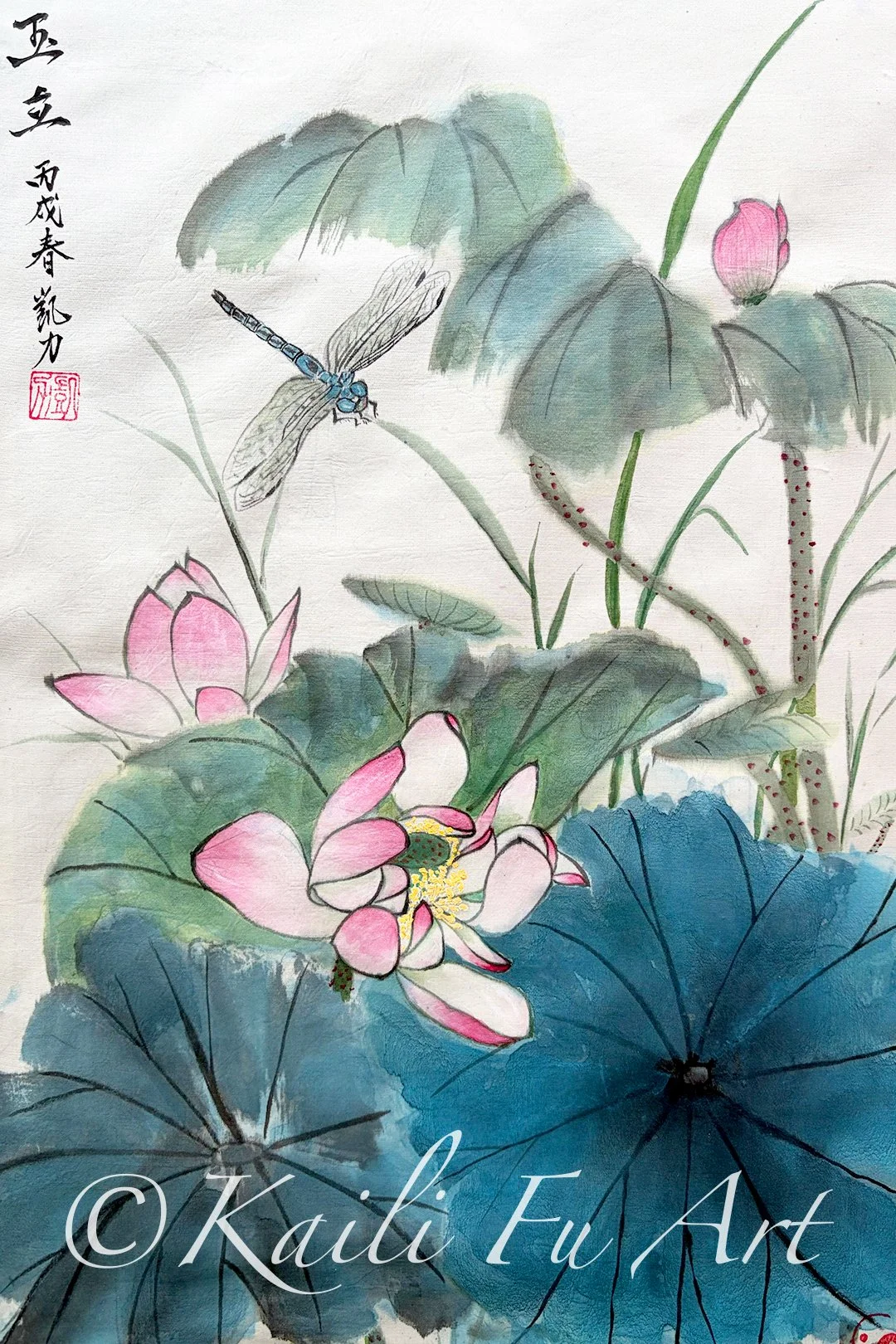Dragonfly and lotus flowers