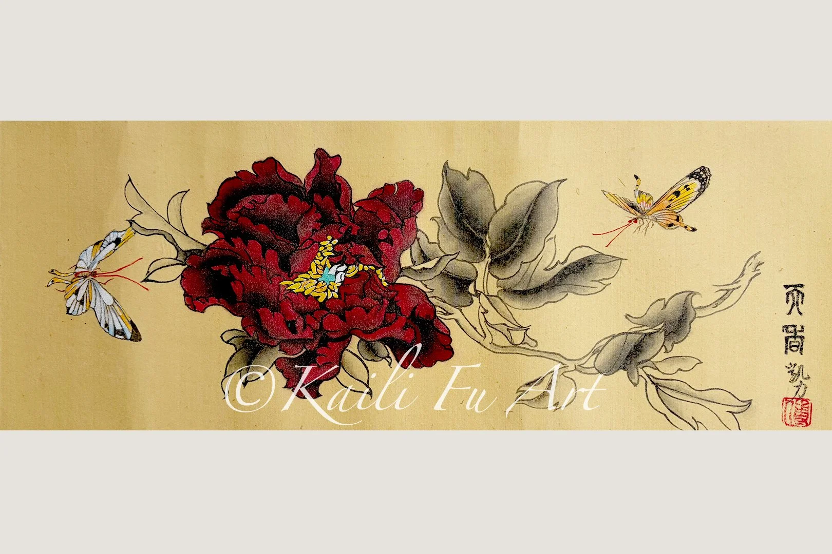 Butterflies with peoniy on silk