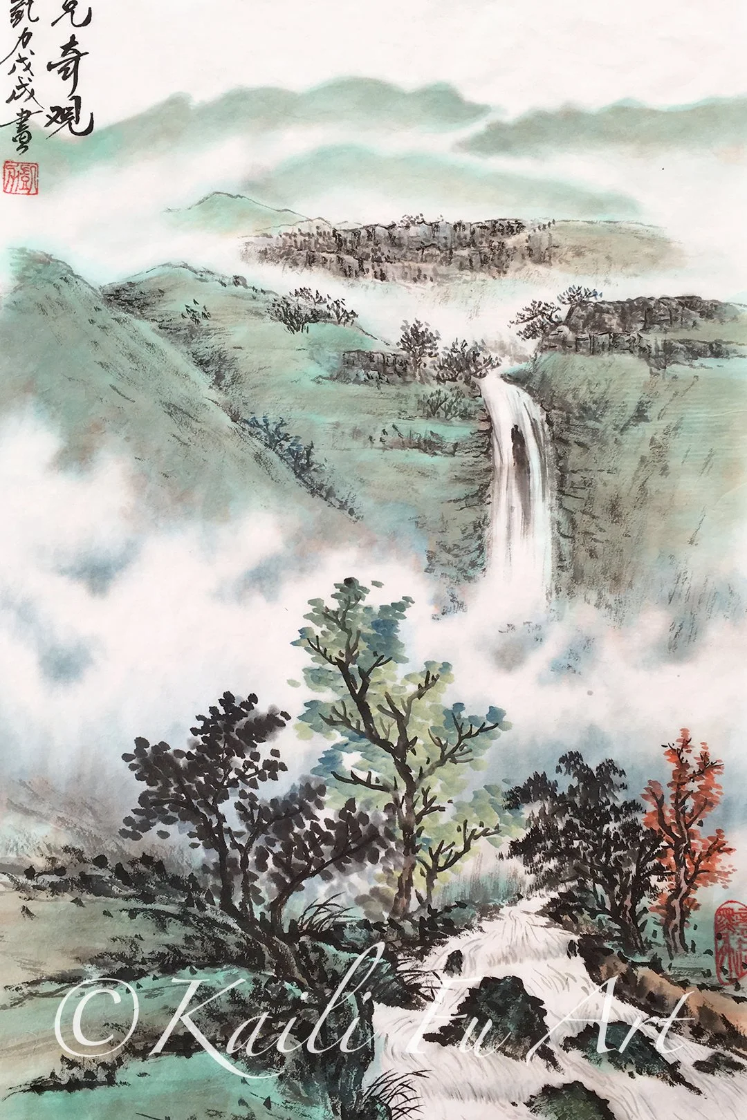 Waterfall in green mist